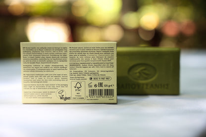 Close-up of olive oil soap on a table, back of the package